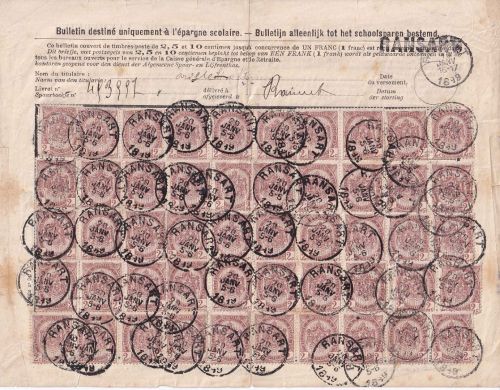 Belgien - 50x2 C. Wappen Einzahlungsquittung Spar- u. Rentenfonds Ransart 1899