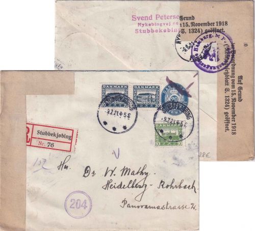 Dänemark - 20 Ö. Ziffrer/Oval +Zusatz Einschreibebrief Stubbekjobing 1921 Zensur