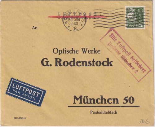 Dänemark - 40 Ö. Kogge Luftpostbrief Kopenhagen - München 1933