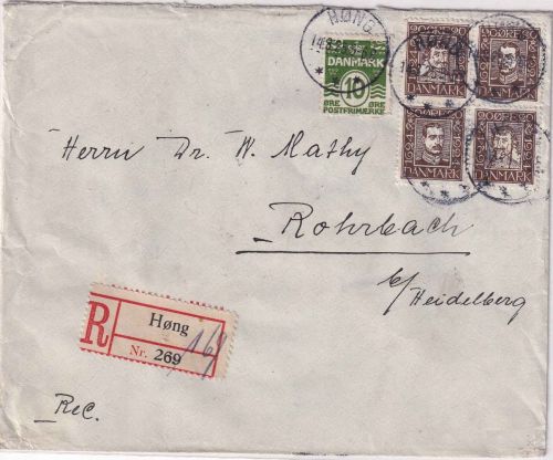 Dänemark - 4x20 Ö. 300 J. Dän. Post u.a. Einschreibebrief Høng - Rohrbach 1925