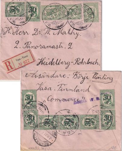 Finnland - 9x30/10 P. Wappen u.a. Einschreibebrief Vasa 28.10.21 Zensur