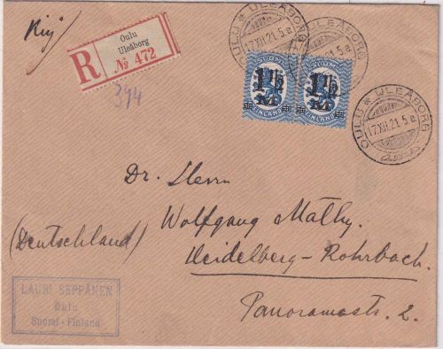Finnland - 2x1 1/2M./50 P. Wappen Einschreibebrief Oulu - Rohrbach 17.12.21