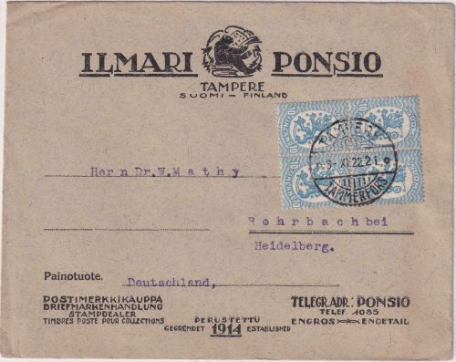 Finnland - 10 P. Wappen 4er-Bölock Drucksachenbrief Tampere - Rohrbach 3.11.22