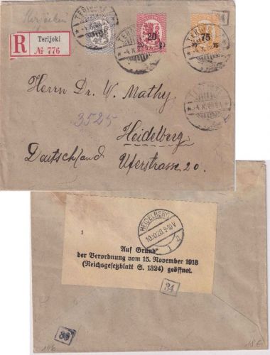 Finnland - 75/20 P. Wappen/Überdruck u.a. Einschreibebrief Terijoki 1920 Zensur