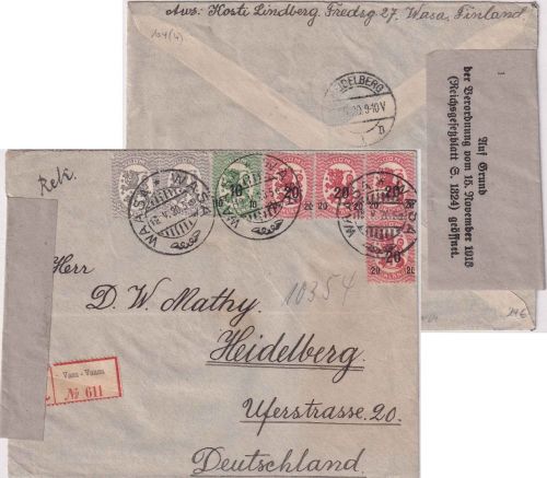 Finnland - 4x20/10 P. Wappen/Überdruck u.a. Einschreibebrief Vasa 1920 Zensur