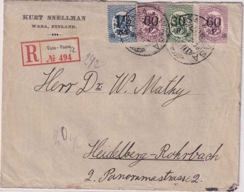 Finnland - 1 1/2 M./50 P. Wappen/Überdruck ua. Einschreibebrief Vasa 1921 Zensur