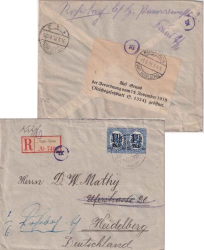 Finnland - 2x1 1/2M./50 P. Wappen Einschreibebrief Vasa 23.4.21 Zensur