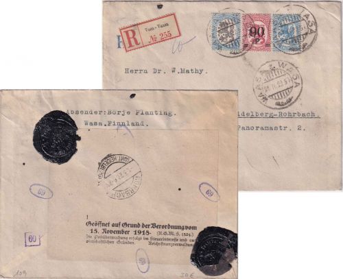 Finnland - 3 M. Wappen u.a. Einschreibebrief Vasa - Heidelberg 21.11.22 Zensur !