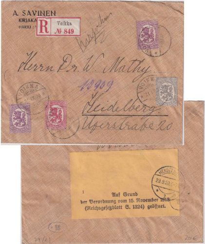 Finnland - 2x40 P. Wappen ua. Einschreibebrief Voikka Heidelberg 21.IX.20 Zensur