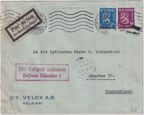 Finnland - 2+2 1/2 M. Wappen Luftpostbrief Helsinki - München 1.VII.33