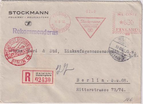 Finnland - 630 P. AFS "Stockmann" Luftpost-Einschreibebrief Helsinki 15.8.33