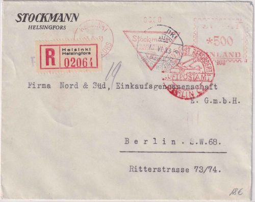 Finnland - 500 P. AFS "Stockmann" Luftpost-Einschreibebrief Helsinki 13.6.33