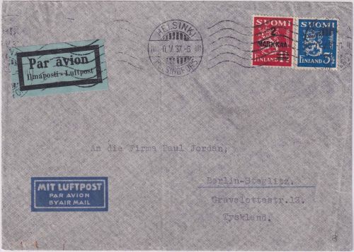 Finnland - 2 M. Wappen/Überdruck u.a. Luftpostbrief Helsinki - Berlin 10.V.37