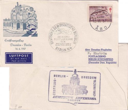 Finnland - DDR-Lufthansa Erstflug Dresden - Berlin Zuleitungspost 1957