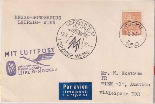 Finnland - Leipziger Messe Sonderflug Leipzig - Wien 1957 Zuleitungspost