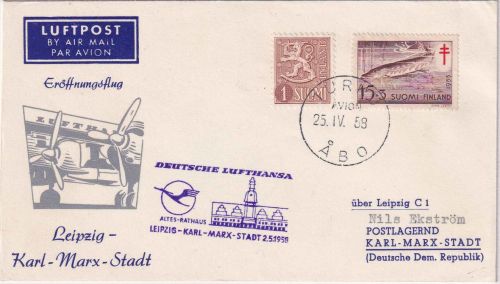 Finnland - DDR-Lufthansa Erstflug Leipzig Karl-Marx-Stadt Zuleitungspost 1958