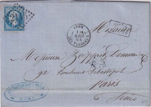 Frankreich - 20 C. Napoleon gez. Brief 2145 Lyon - Paris 15.4.1864
