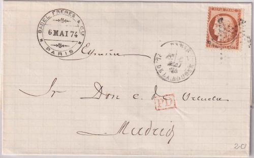 Frankreich/Spanien - 40 C. Ceres gez. Brief Sternstpl. Paris - Madrid 1874