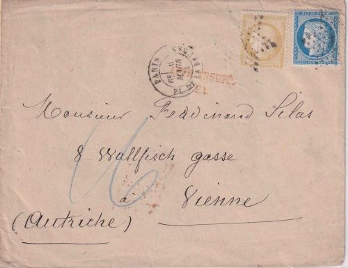 Frankreich/Österreich - 15+25 C. Ceres Brief Sternstpl. Paris 1873 Nachporto