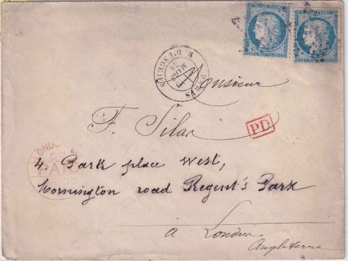 Frankreich/England - 2x25 C. Ceres Brief Sternstpl. Paris - London 29.3.1874