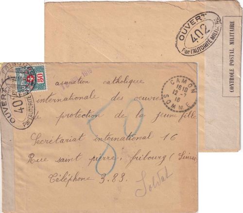 Frankreich/Schweiz - Camon (Somme) 12.7.16 unfrank. Brief n. Fribourg Nachporto