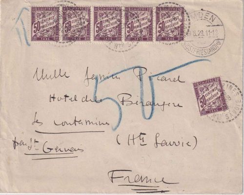 Frankreich - 6x50 C. Portomarke unfrankierter Brief Emden - Les Contamines 1929