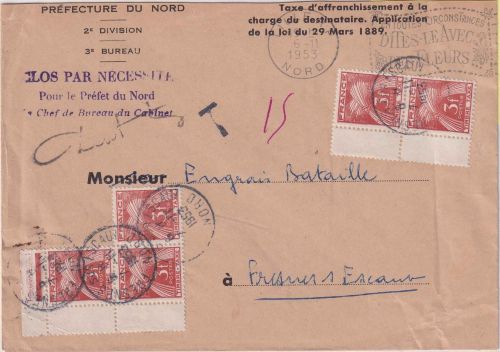 Frankreich - 5x3 Fr. Portomarke Unfrankierter Dienstbrief Lille 1953