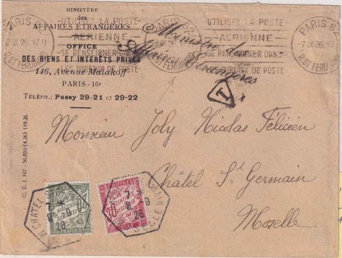 Frankreich - 30+20 C. Portomarke Unfrankierter Dienstbrief Paris 1926