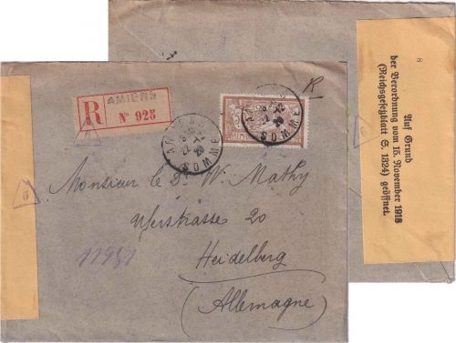 Frankreich - 50 C. Merson Einschreibbrief Amiens - Heidelberg 22.12.20 Zensur !