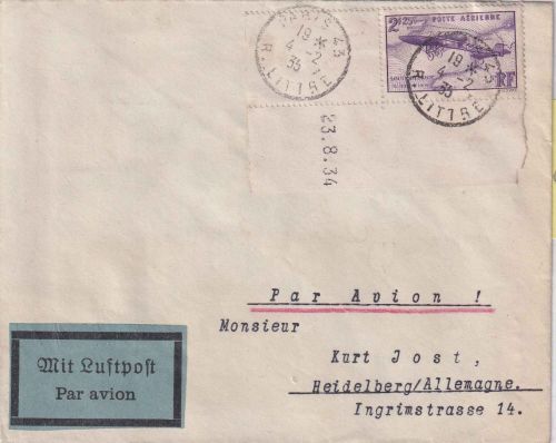 Frankreich - 2,25 Fr. Bleriot Ärmelkanal Bogenecke/Druckdatum Luftpostbrief 1935