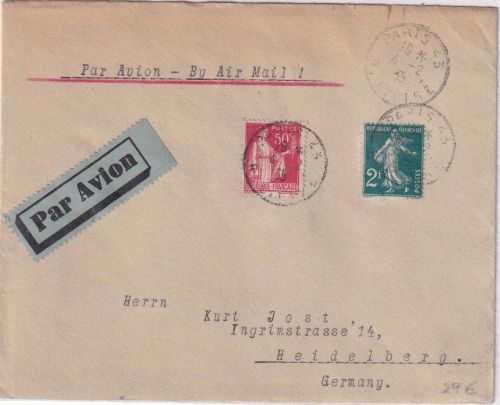 Frankreich - 2 Fr. Säerin u.a. Luftpostbrief Paris - Heidelberg 1935