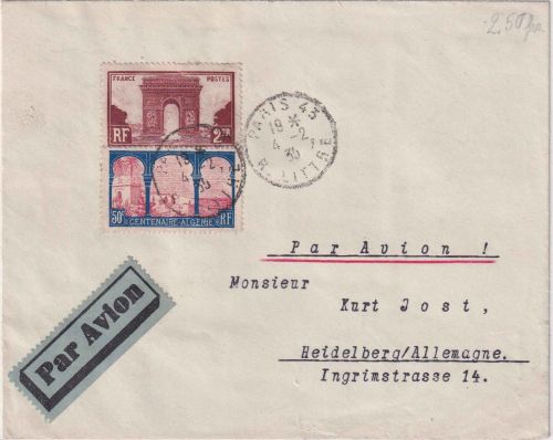 Frankreich - 2 Fr. Arc de Triomphe u.a. Luftpostbrief Paris - Heidelberg 4.2.35