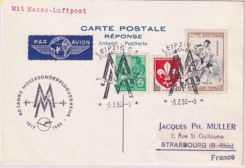 Frankreich - Leipziger Messe Sonderflug Antwortkarte n. Strasbourg 1959