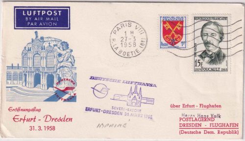 Frankreich - DDR-Lufthansa Erstflug Erfurt Dresden 1958 Zuleitungspost