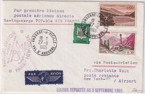 Andorra - Air France Boeing Cargo Firstflight Paris New York Zuleitungspost 1965