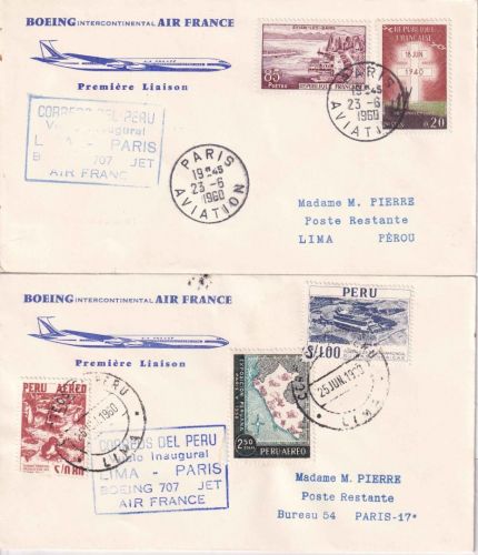 Frankreich/Peru - Air France Firstflight Paris/Lima/Paris 2 Luftpostbriefe 1960
