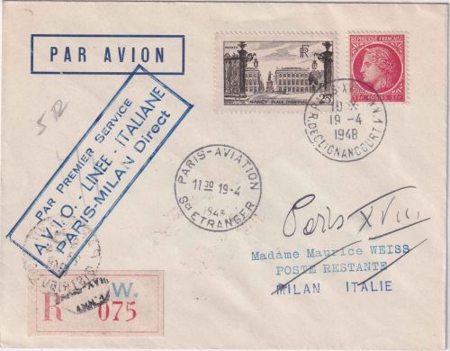 Frankreich - AVIO Linee Italiane Firstflight Paris Milano Luftpost-R-Brief 1948