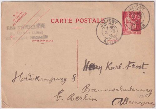 Frankreich - 90 C. Paix Ganzsachenkarte Jaligny - Baumschulenweg b. Berlin 1933