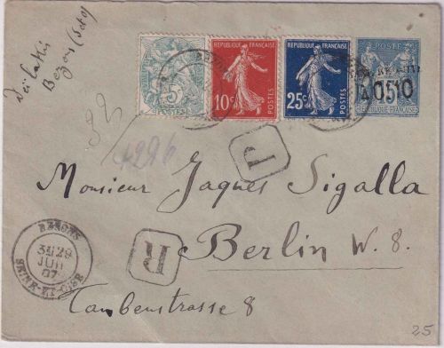 Frankreich - 10/15 C. Sage Ganzsache/Überdruck Einschreibebrief Bezons 1907