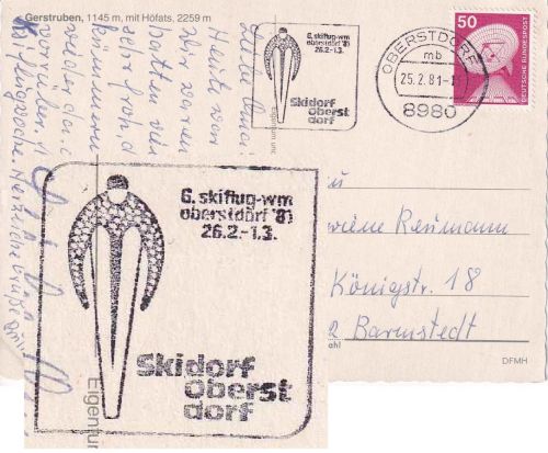 BRD - 8980 Oberstdorf 1981 6. Skiflug-WM Masch.werbestpl. Karte n. Barmstedt