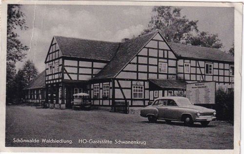 Brandenburg - Schönwalde Waldsiedlung HO-Gaststätte Schwanenkrug sw-AK ca. 1960