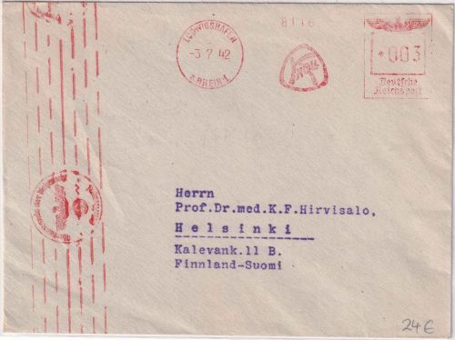 DR - Ludwigshafen a/Rh. 3.7.42 3 Pfg AFS Knoll Drucksache n. FINNLAND OKW-Zensur