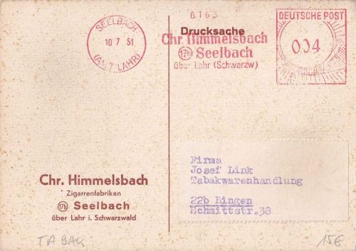 BRD - Seelbach 1951 4 Pfg. AFS Himmelsbach (Zigarren) Drucksachenkarte