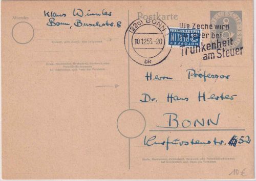 BRD - Bonn 1953 "Trunkenheit am Steuer" 8 Pfg. Posthorn Ortsganzsachenkarte