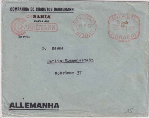 Brasilien - Sao Felix 1937 100 Rs. AFS Charutos Dannemann Drucksachenbrief
