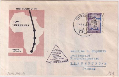 Sudan - 15 M. Kampf gg. Malaria Luftpostbrief/LH-Erstflug Khartoum - FFM 15.5.62