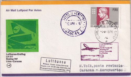 Peru - 4,50 S. 150 J. Braille Luftpostbrief/LH-Erstflug Lima - Caracas 1975