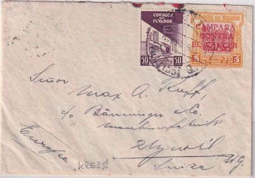 Ecuador - 5/6 C. Zwangszuschlag Krebsbekämpfung ua Brief i.d. SCHWEIZ Quito 1938