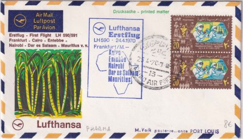 Ägypten - 2x20 M. 30 J. Pharmaindustrie LH-Erstflugbrief Kairo - Port Louis 1970
