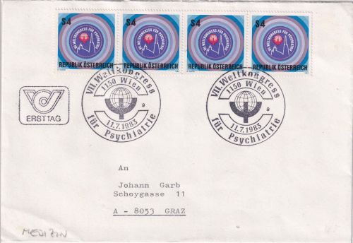 Österreich - 4x4 S. VII. Weltkongress Psychiatrie FDC/ESST Wien 11.7.1983